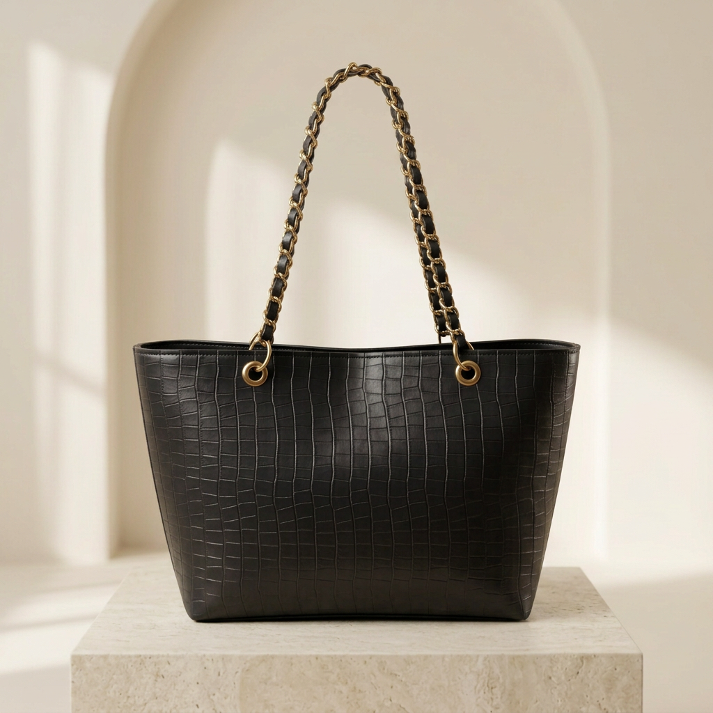 Brown Textured Chain Shoulder Bag for Women by Orvessa - Ink Black