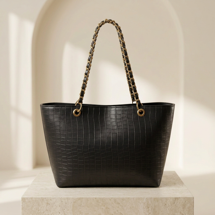 Brown Textured Chain Shoulder Bag for Women by Orvessa - Ink Black