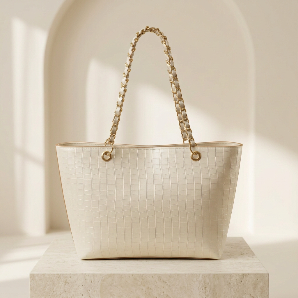 Brown Textured Chain Shoulder Bag for Women by Orvessa - Ivory Cream