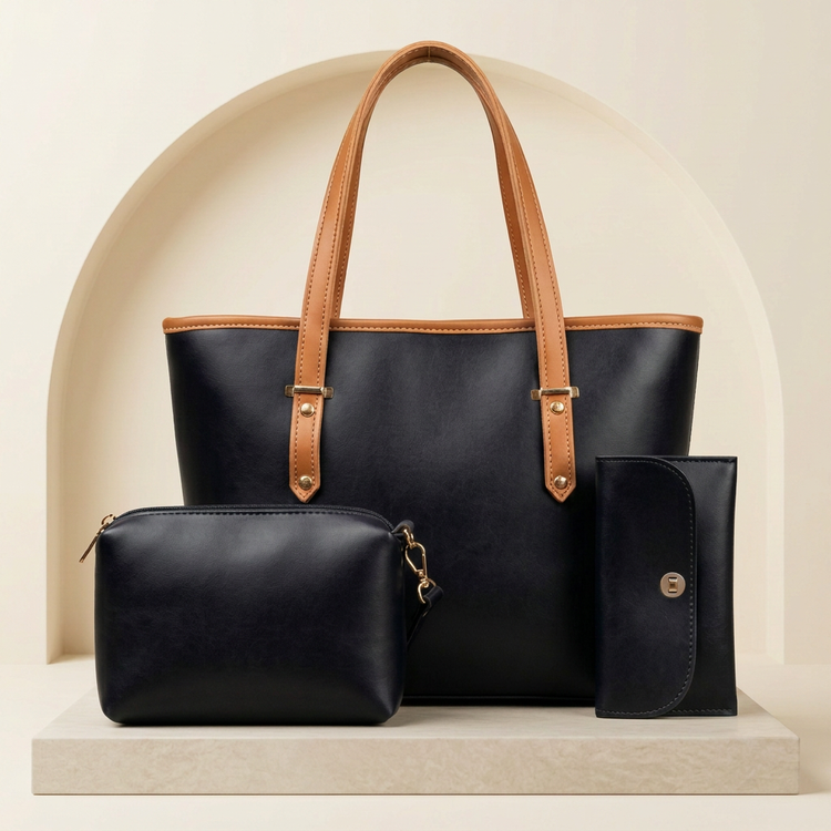 Chic Chocolate 3 Piece Tote Bag Set for Women by Orvessa - Ink Black