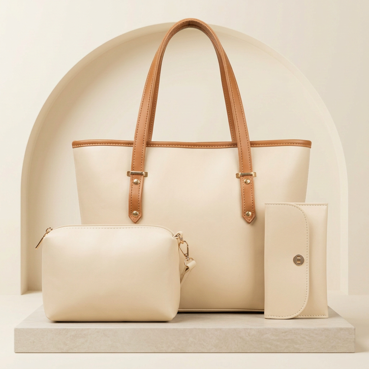 Chic Chocolate 3 Piece Tote Bag Set for Women by Orvessa - Ivory Cream