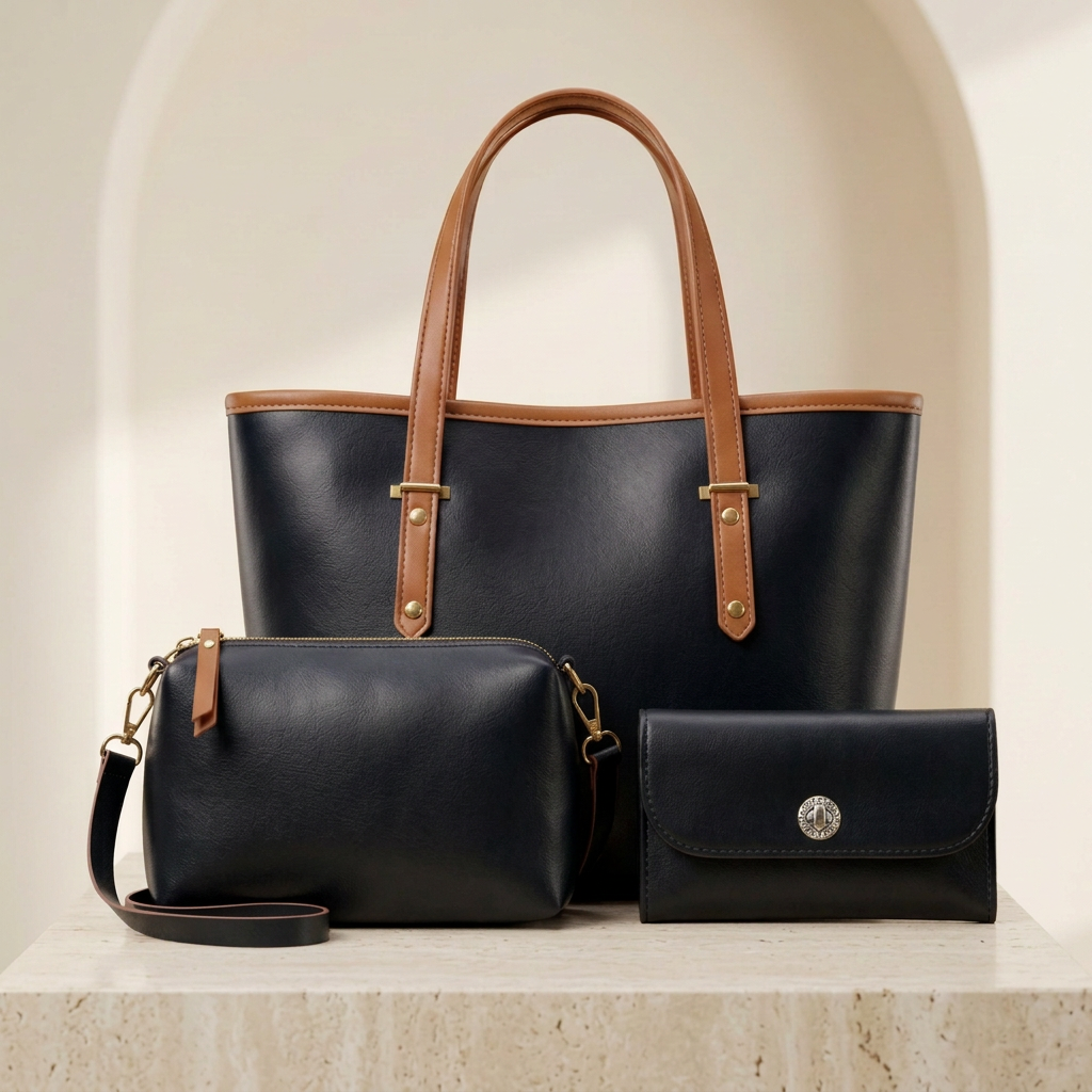 Elegant Black Tote Bag Set of 3 for Women by Orvessa - Ink Black