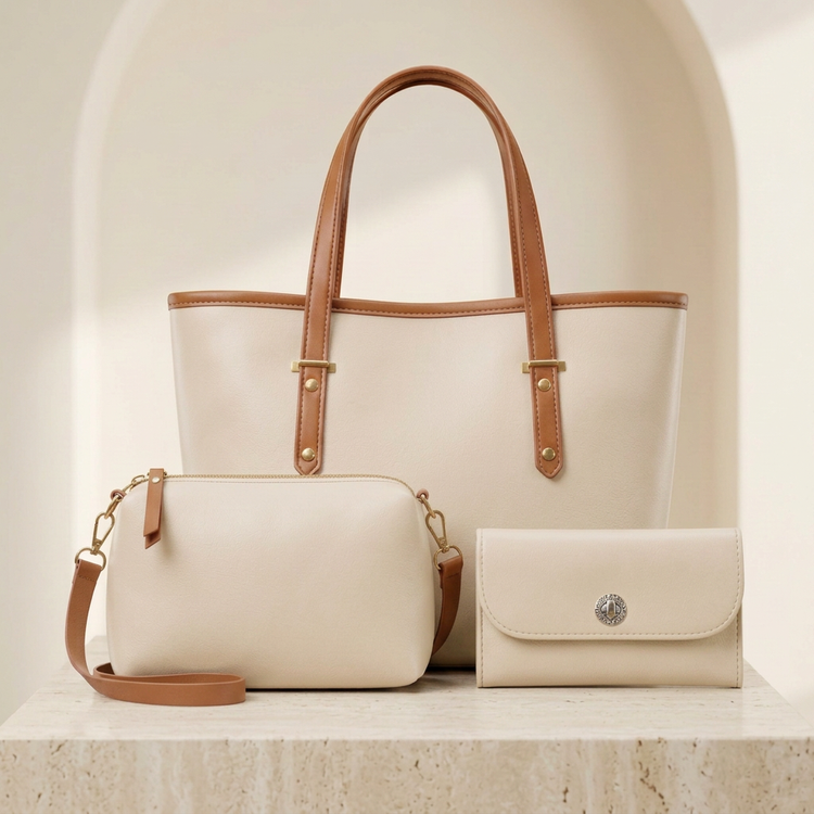 Elegant Black Tote Bag Set of 3 for Women by Orvessa - Ivory Cream