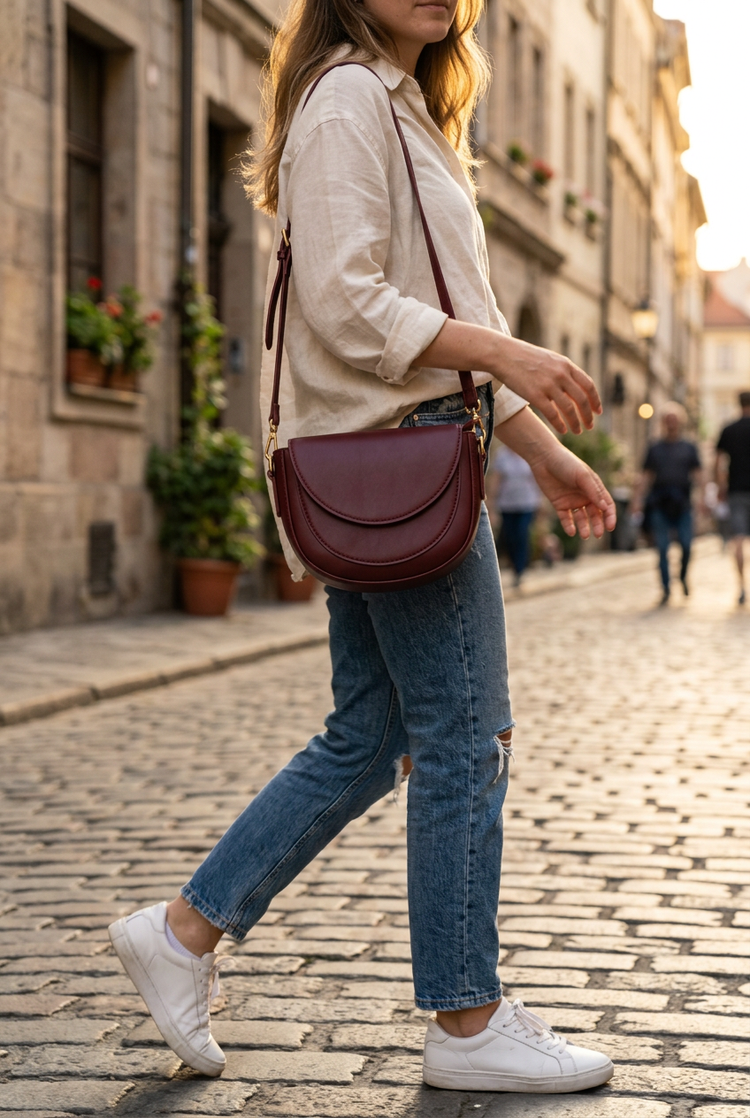 Arco Saddle Crossbody Bag for Women by Orvessa styled in everyday life, photo 2