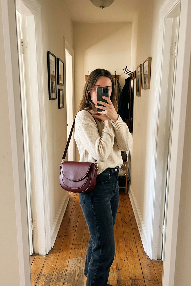 Arco Saddle Crossbody Bag for Women by Orvessa styled in everyday life, photo 3