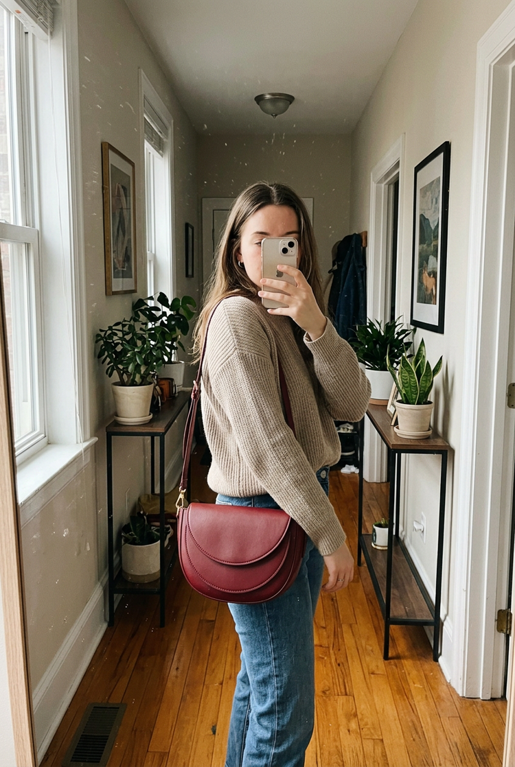 Muse Saddle Crossbody Bag for Women by Orvessa styled in everyday life, photo 1