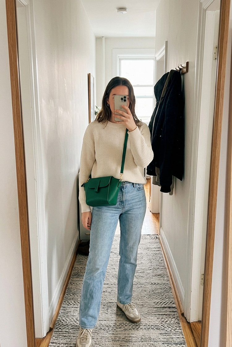 Linea Trapeze Crossbody Bag for Women by Orvessa styled in everyday life, photo 1