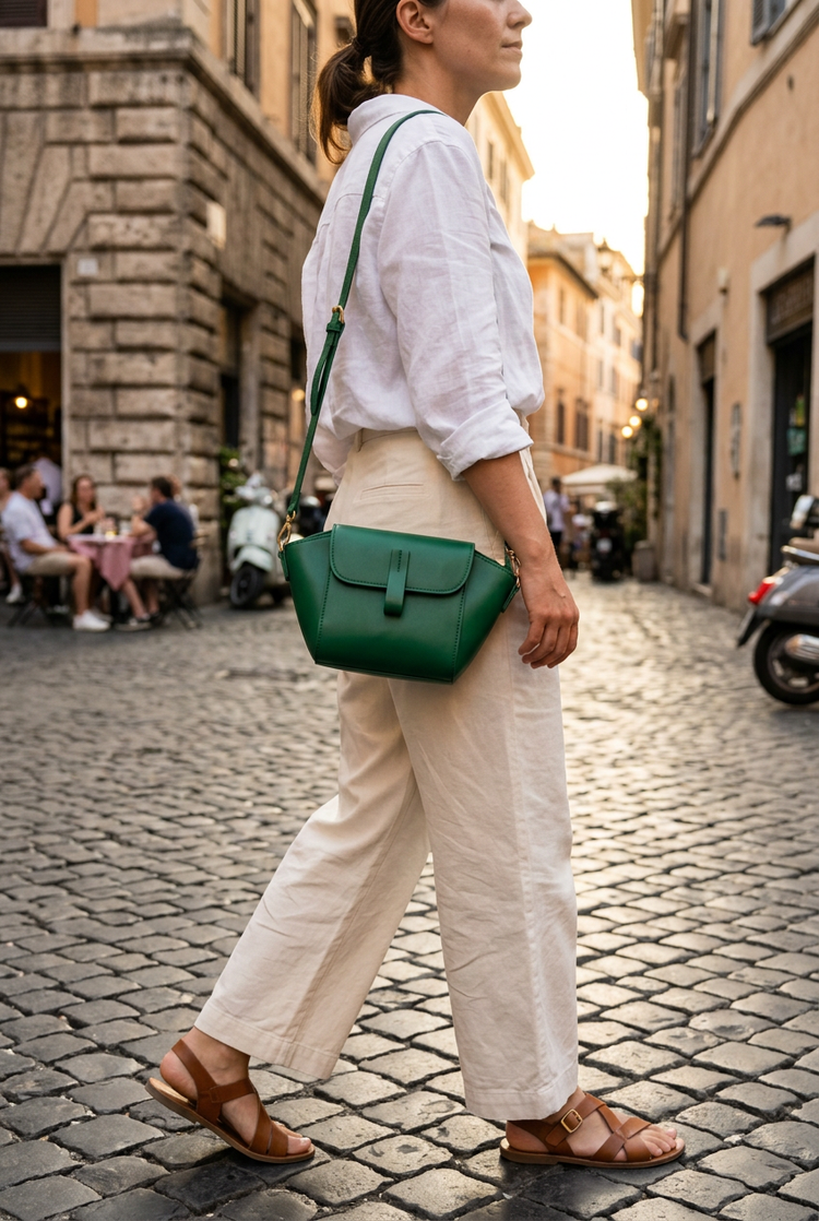 Linea Trapeze Crossbody Bag for Women by Orvessa styled in everyday life, photo 2