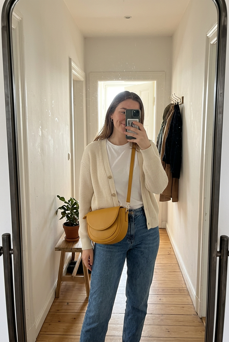 Luna Saddle Crossbody Bag for Women by Orvessa styled in everyday life, photo 1