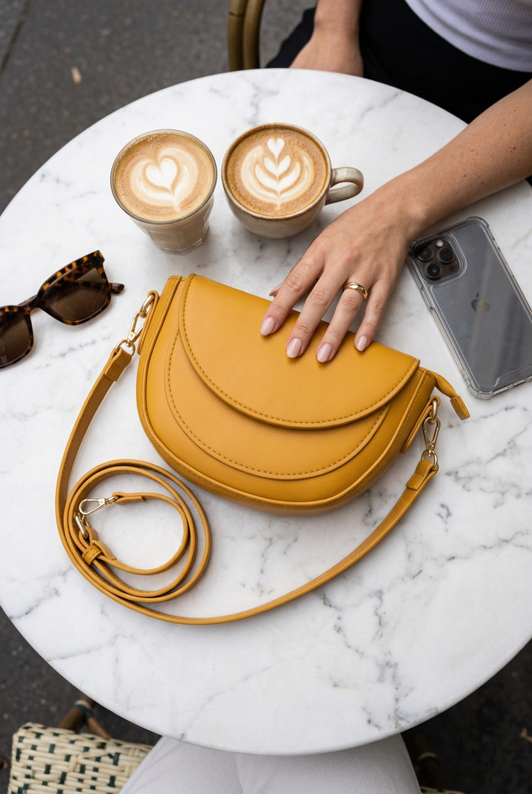 Luna Saddle Crossbody Bag for Women by Orvessa styled in everyday life, photo 2