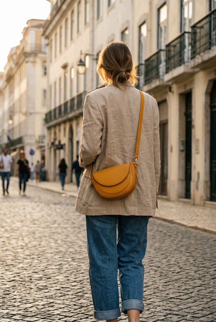 Luna Saddle Crossbody Bag for Women by Orvessa styled in everyday life, photo 3