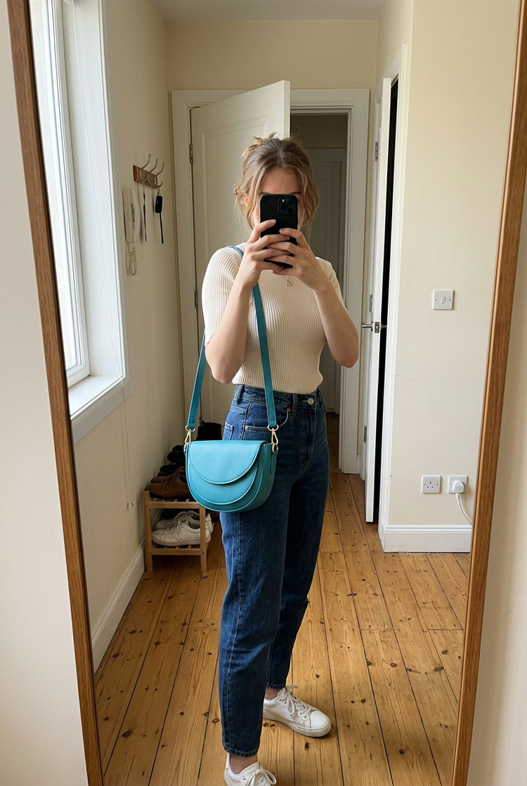 Marea Saddle Crossbody Bag for Women by Orvessa styled in everyday life, photo 3